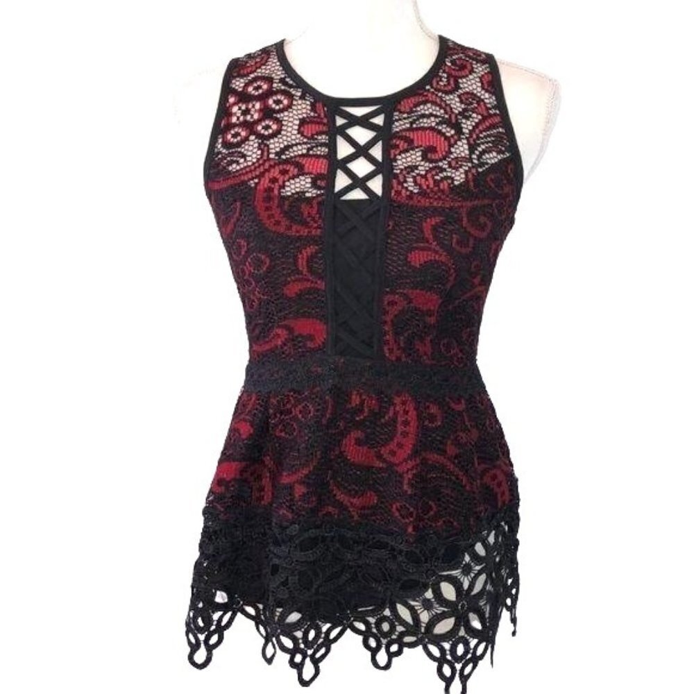 Nanette Lepore Top Womens Size 0 Black Red Lace Crochet Zipper Back Made In USA
